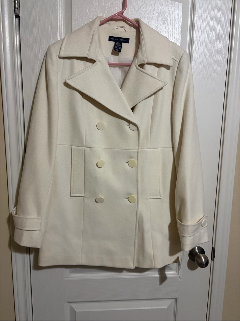 New York & Company Cream Double-Breasted Peacoat
